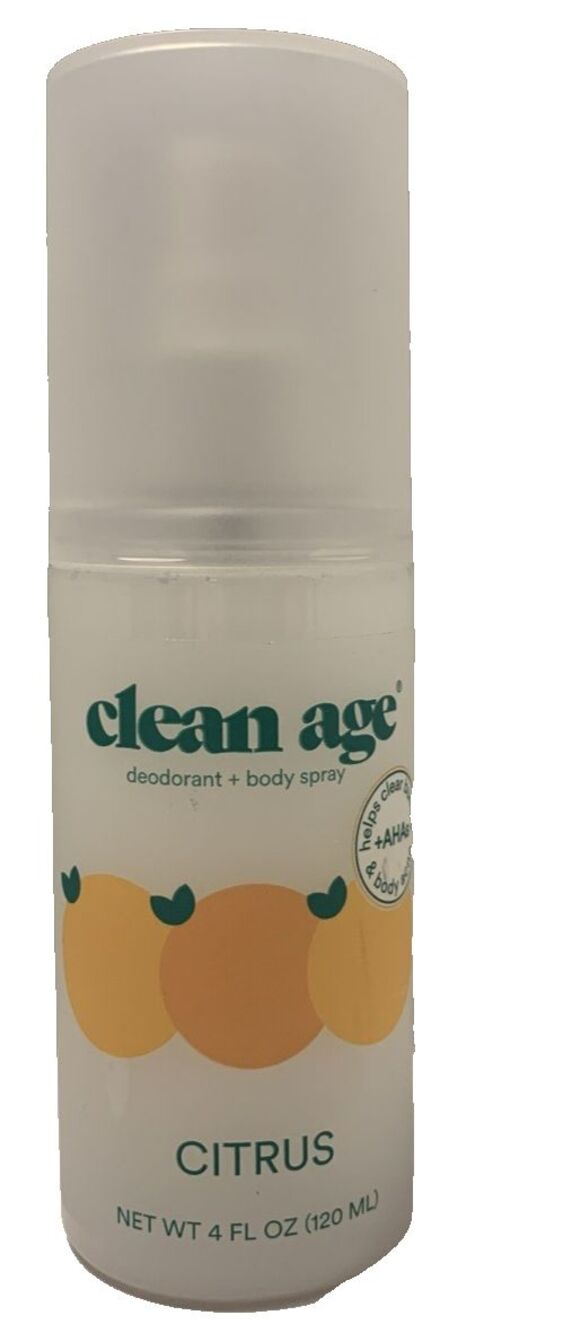 Clean Age Deodorant Spray Citrus +Ahas helps clear bumps and body acne 4 Oz NEW